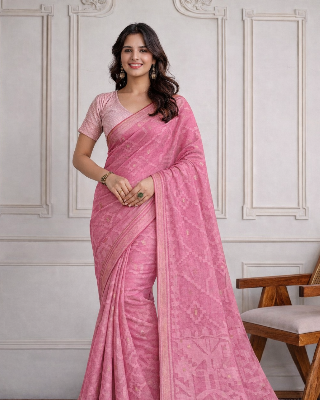 Premium Soft Baby Pink Monochrome Handloom Jamdani Saree