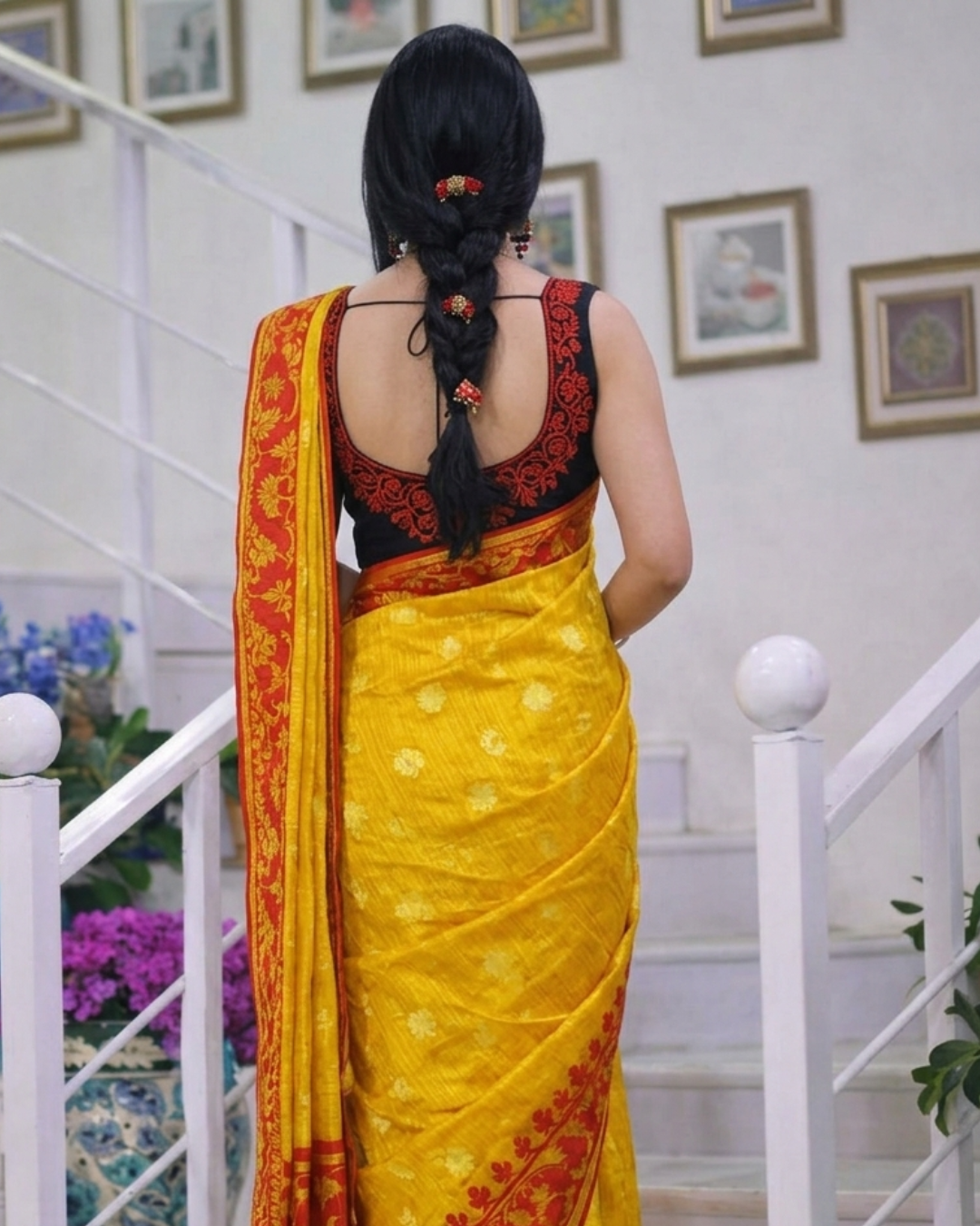 Authentic Mustard Yellow & Red Handloom Jamdani Saree - Image 2