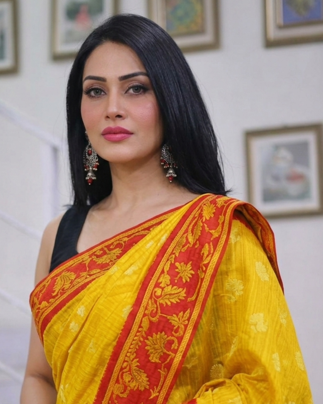 Authentic Mustard Yellow & Red Handloom Jamdani Saree - Image 3