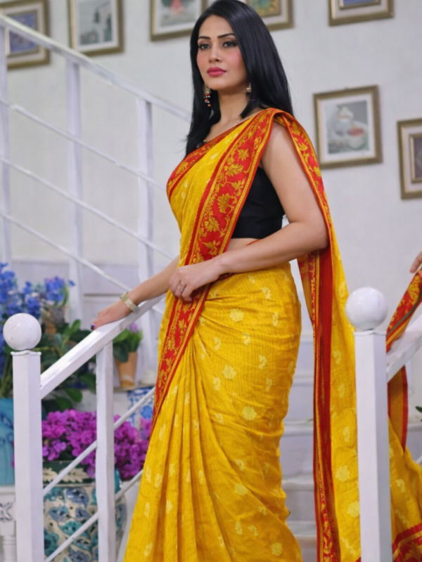 Authentic Mustard Yellow & Red Handloom Jamdani Saree
