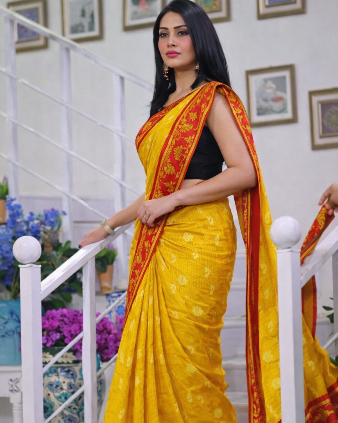 Authentic Mustard Yellow & Red Handloom Jamdani Saree