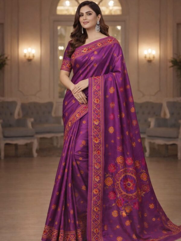 Exquisite Purple Handicraft Nakshi Kantha Saree