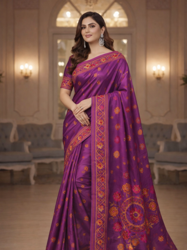 Exquisite Purple Handicraft Nakshi Kantha Saree