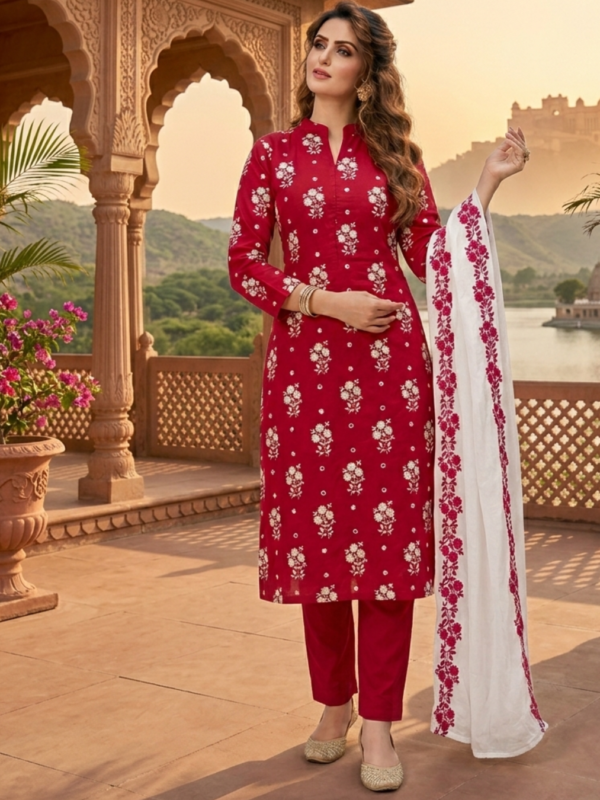 Deep Red & White Contrast Handicraft Three-Piece