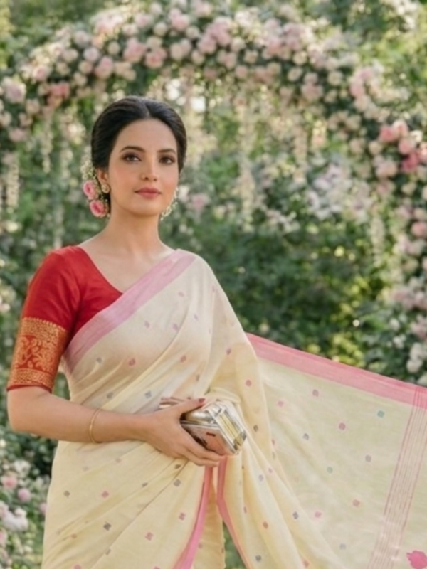 Exquisite Off-White Tangail Jamdani Saree