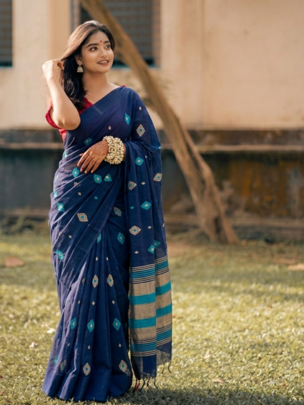 Modern Navy Blue Handloom Tangail Jamdani Saree