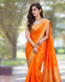 Heritage Radiant Vibrant Orange Handloom Tangail Semi-Muslin Jamdani Saree