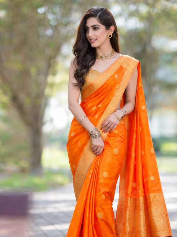 Heritage Radiant Vibrant Orange Handloom Tangail Semi-Muslin Jamdani Saree