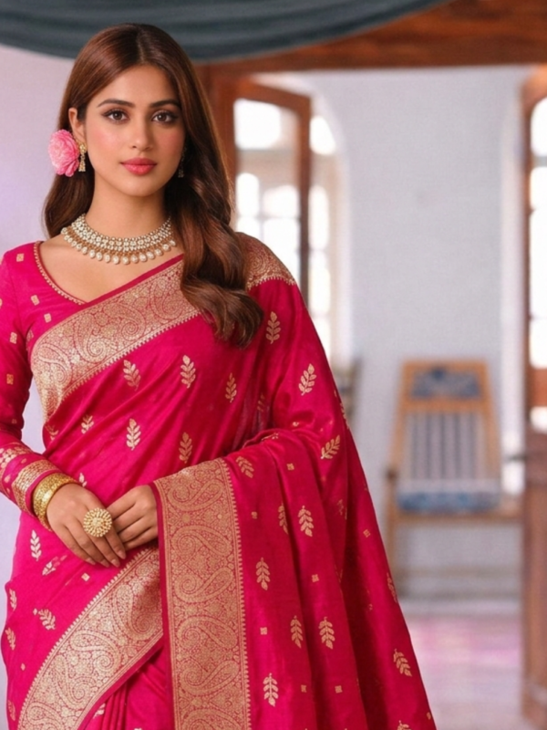 ​Exquisite Red & Golden Handloom Tangail Jamdani Saree