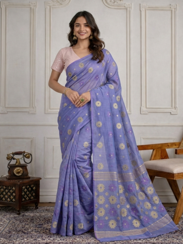 Traditional Pastel Lavender Tangail Handloom Jamdani Shari.