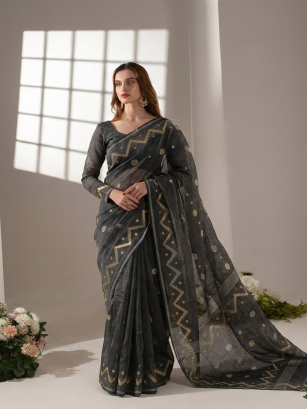 Premium Tangail Deep Black Soft Jamdani Saree.